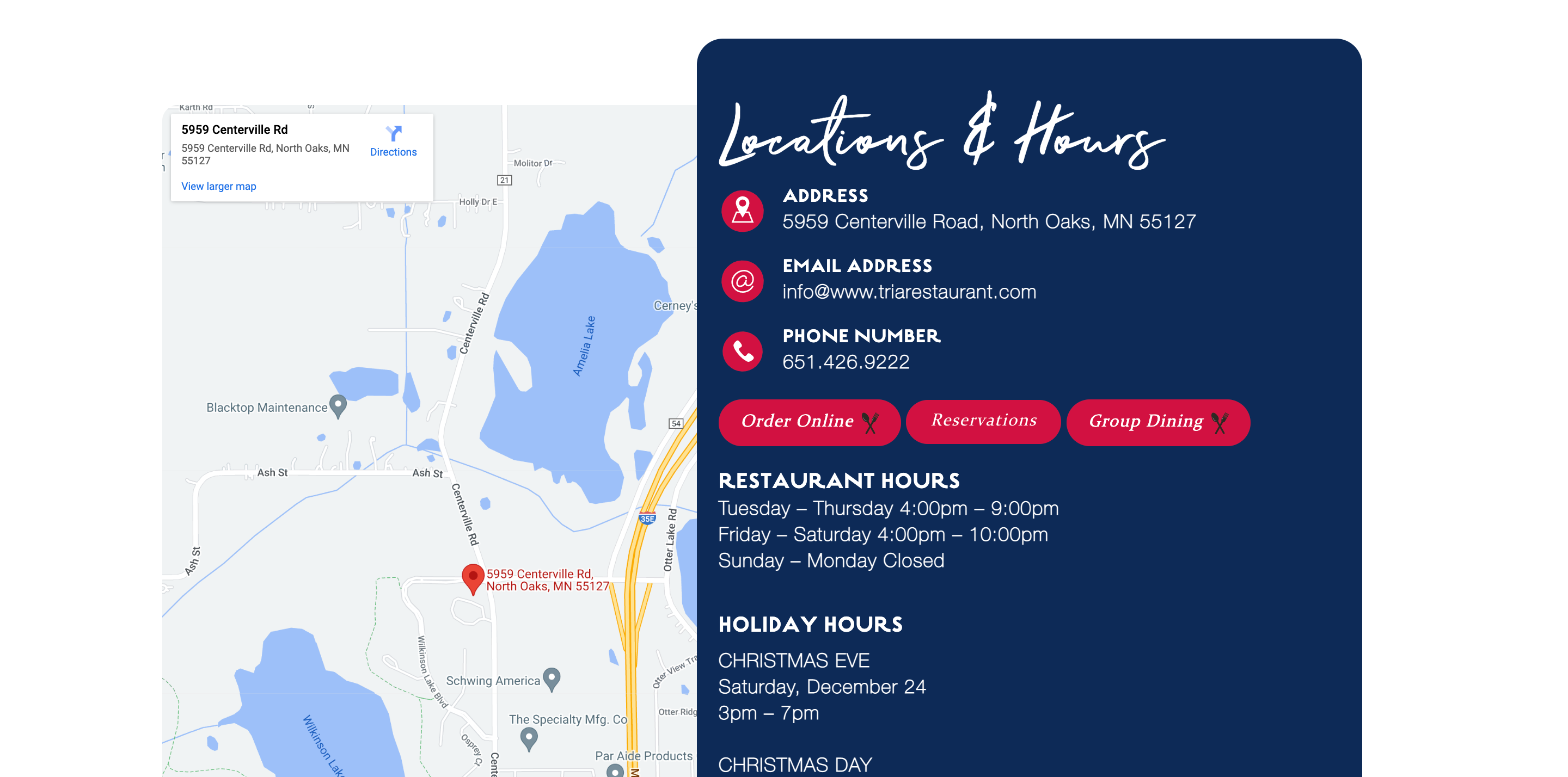 Location & Hours _ Tria Restaurant & Bar North Oaks MN